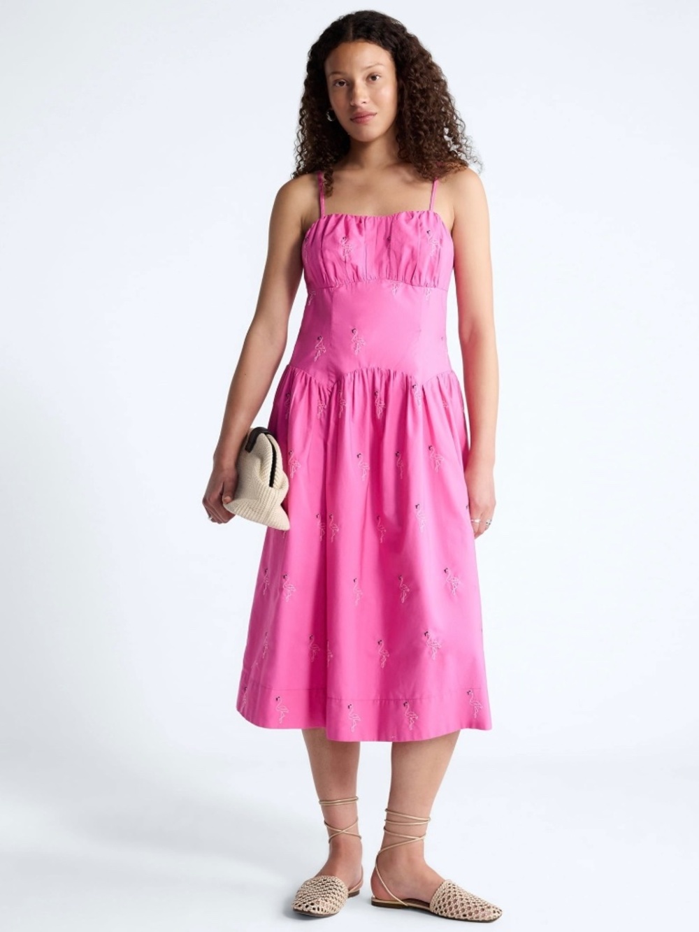NWT Free Assembly Pink Tie-Back Cotton Midi Sun Dress W/Drop Waist